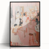 Electric Social Scene Wall Art - Vibrant Pink Modern Café Gathering