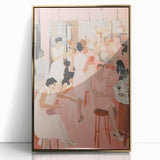 Electric Social Scene Wall Art - Vibrant Pink Modern Café Gathering