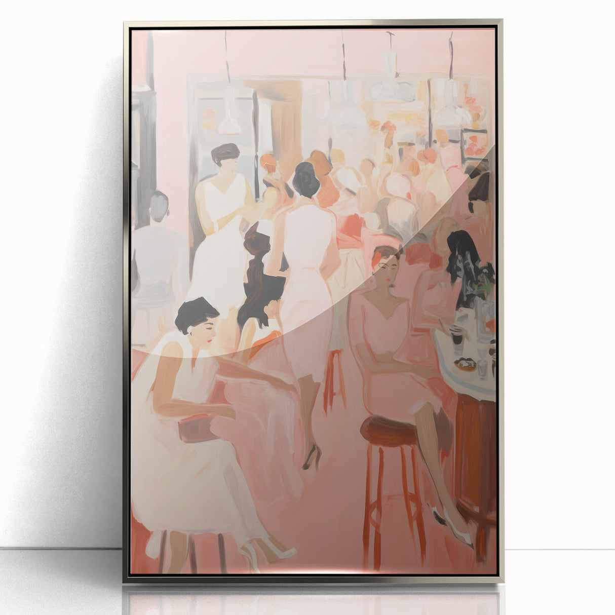 Electric Social Scene Wall Art - Vibrant Pink Modern Café Gathering