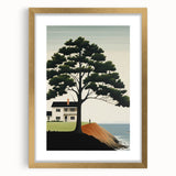 Electric Coastal House Wall Art - Tranquil Tree and Seaside Home Scene