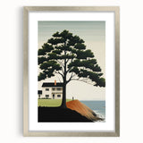 Electric Coastal House Wall Art - Tranquil Tree and Seaside Home Scene