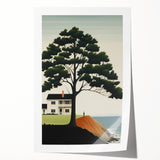 Electric Coastal House Wall Art - Tranquil Tree and Seaside Home Scene