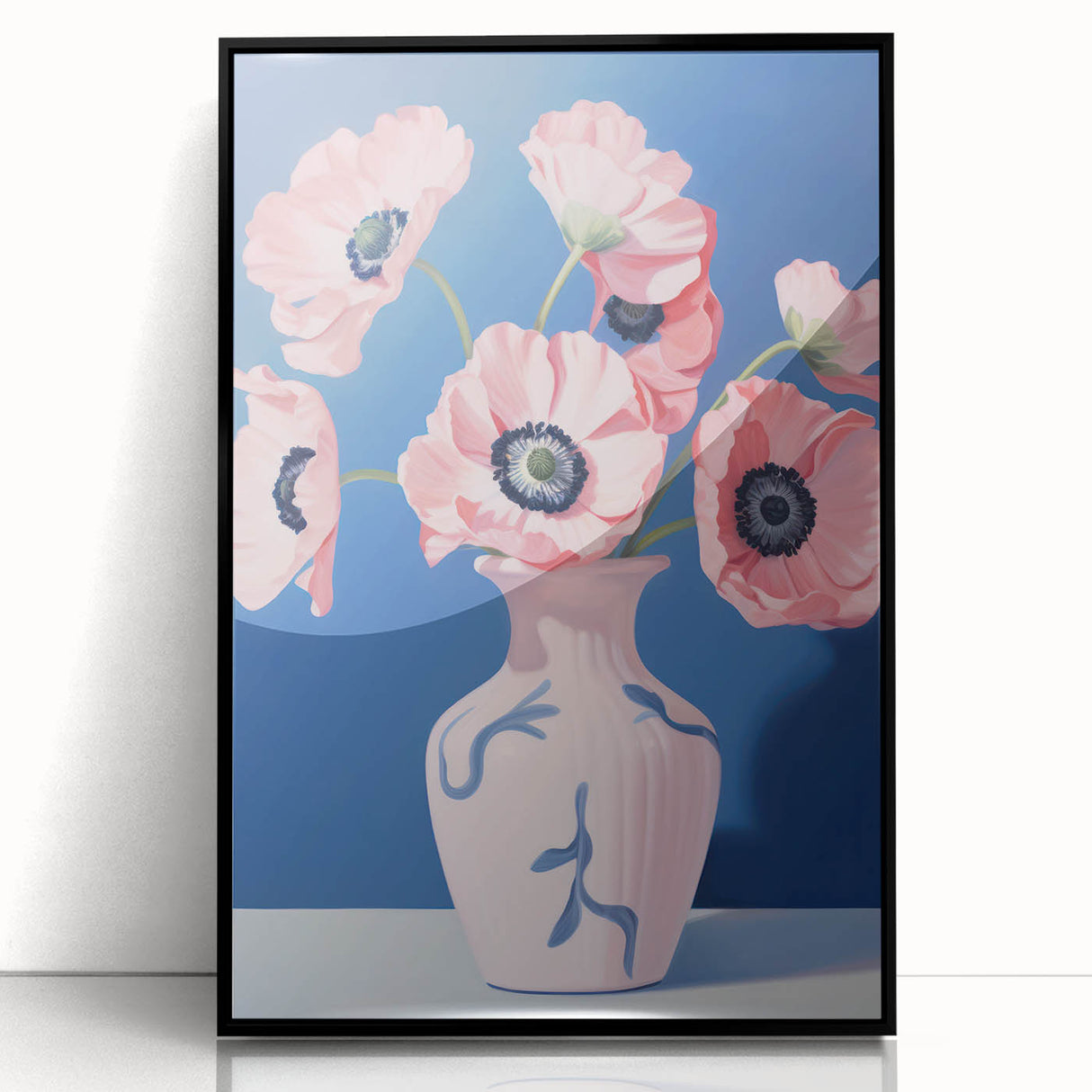 Electric Floral Art with Pink Poppies in Vase | Modern Wall Decor