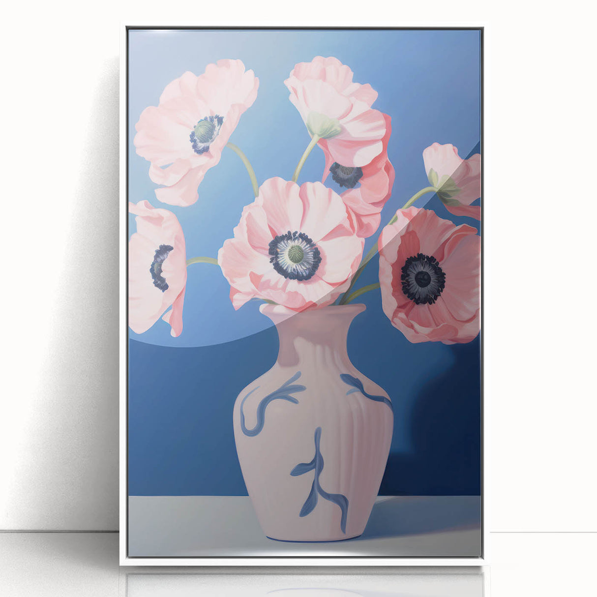 Electric Floral Art with Pink Poppies in Vase | Modern Wall Decor