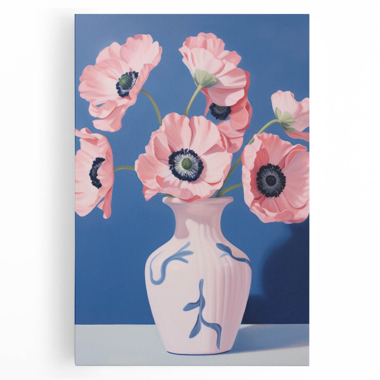Electric Floral Art with Pink Poppies in Vase | Modern Wall Decor