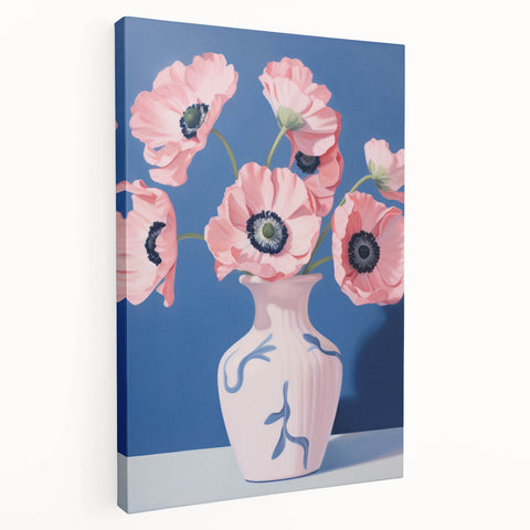 Electric Floral Art with Pink Poppies in Vase | Modern Wall Decor