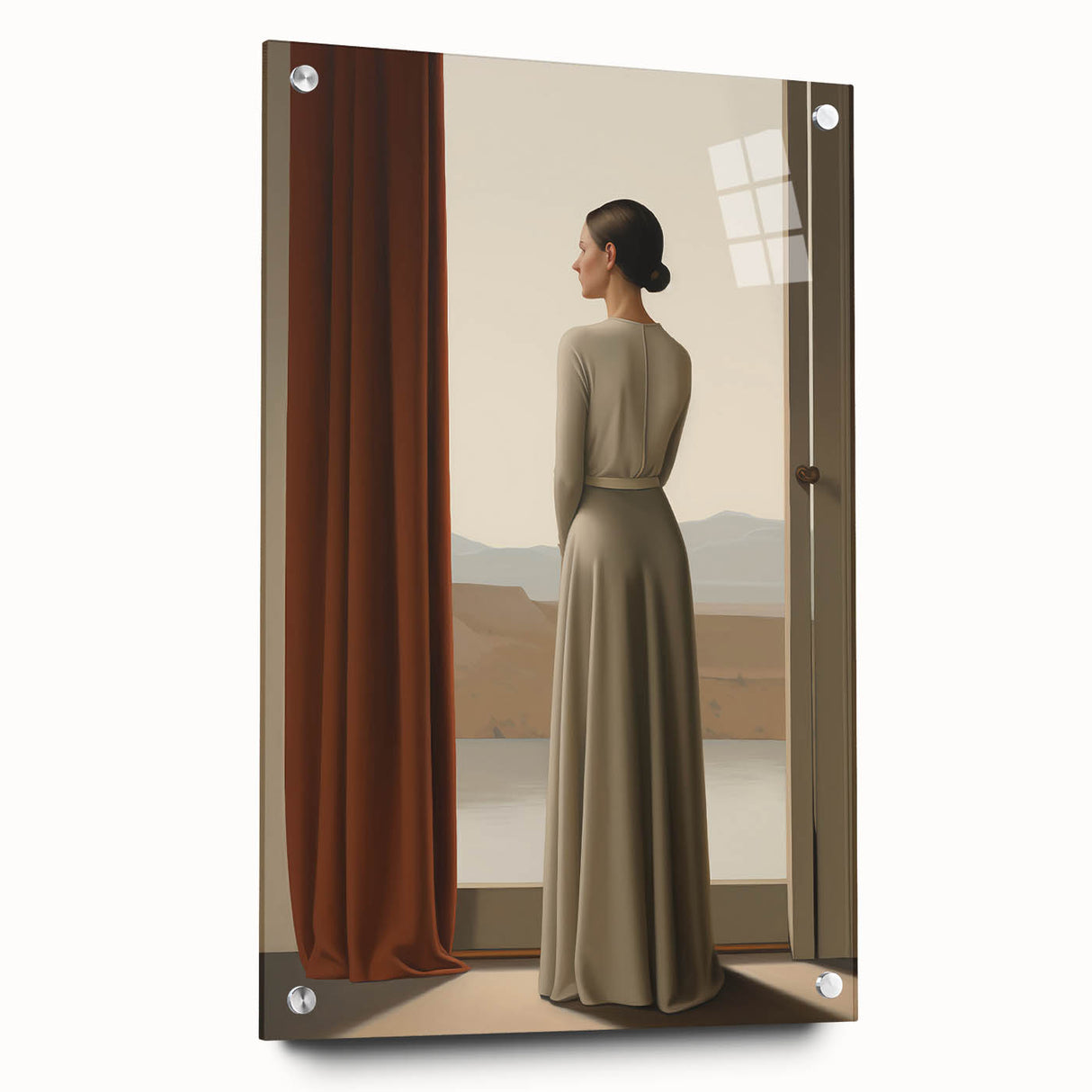 Electric Wall Art: Elegant Woman by the Window Minimalist Print