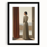 Electric Wall Art: Elegant Woman by the Window Minimalist Print
