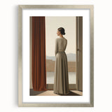 Electric Wall Art: Elegant Woman by the Window Minimalist Print