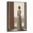 Electric Wall Art: Elegant Woman by the Window Minimalist Print