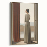 Electric Wall Art: Elegant Woman by the Window Minimalist Print