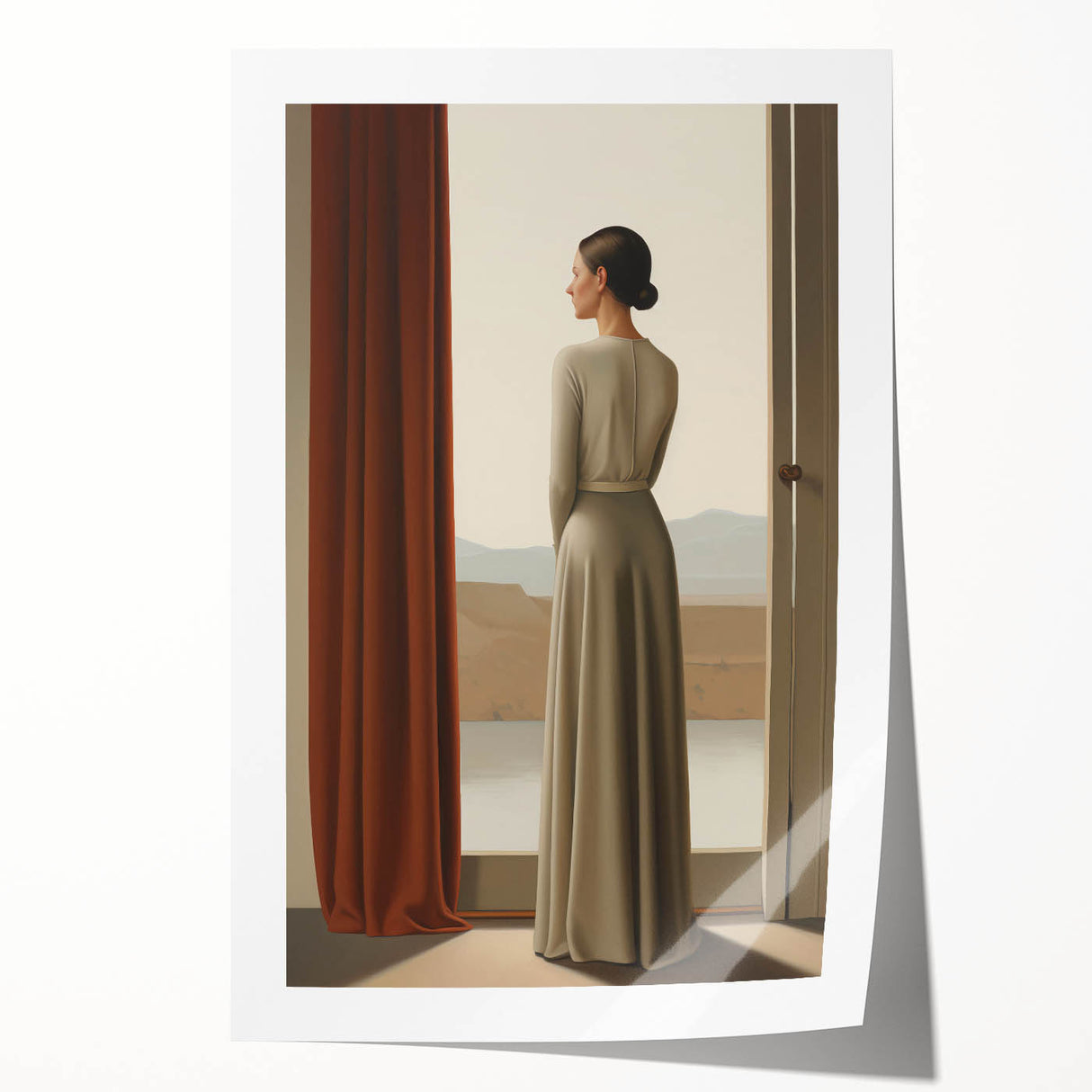 Electric Wall Art: Elegant Woman by the Window Minimalist Print