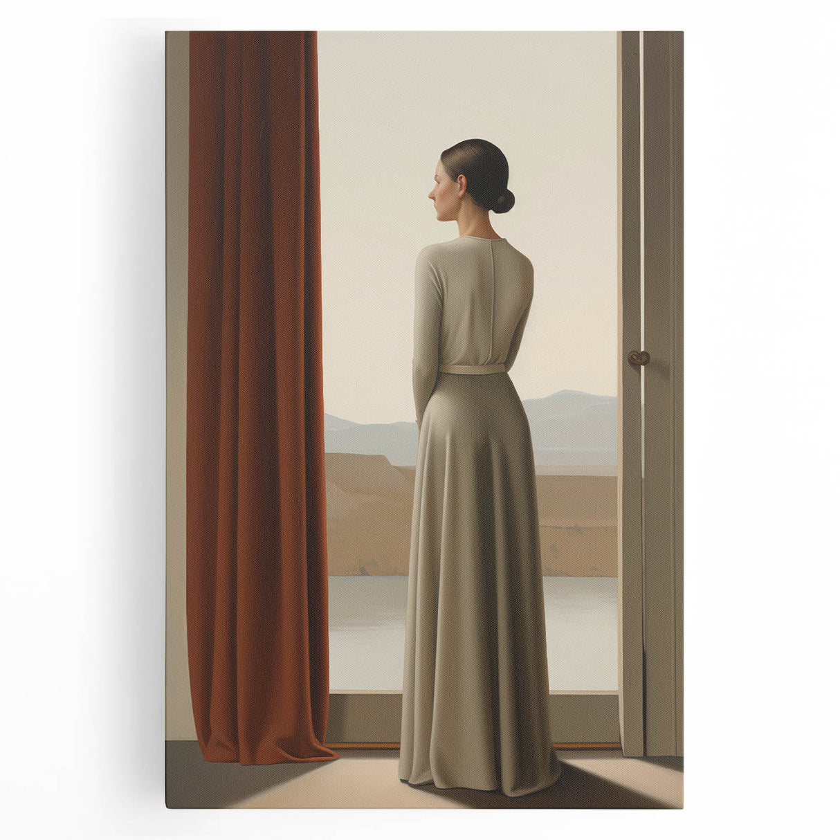 Electric Wall Art: Elegant Woman by the Window Minimalist Print