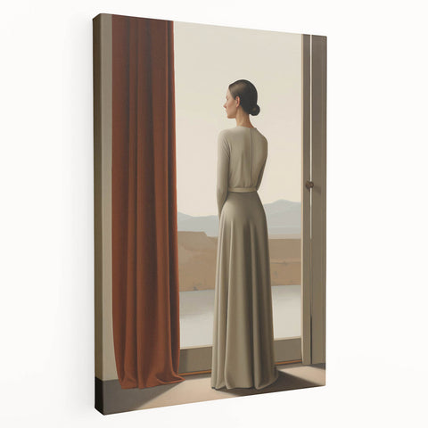 Electric Wall Art: Elegant Woman by the Window Minimalist Print