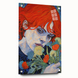 Electric Wall Art: Red-Haired Woman with Flowers Vibrant Art Print