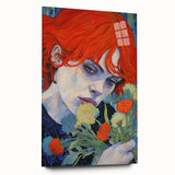 Electric Wall Art: Red-Haired Woman with Flowers Vibrant Art Print