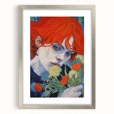 Electric Wall Art: Red-Haired Woman with Flowers Vibrant Art Print