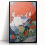 Electric Wall Art: Red-Haired Woman with Flowers Vibrant Art Print