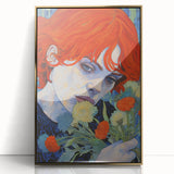 Electric Wall Art: Red-Haired Woman with Flowers Vibrant Art Print