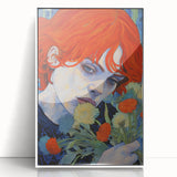 Electric Wall Art: Red-Haired Woman with Flowers Vibrant Art Print