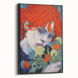 Electric Wall Art: Red-Haired Woman with Flowers Vibrant Art Print