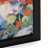 Electric Wall Art: Red-Haired Woman with Flowers Vibrant Art Print
