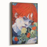 Electric Wall Art: Red-Haired Woman with Flowers Vibrant Art Print