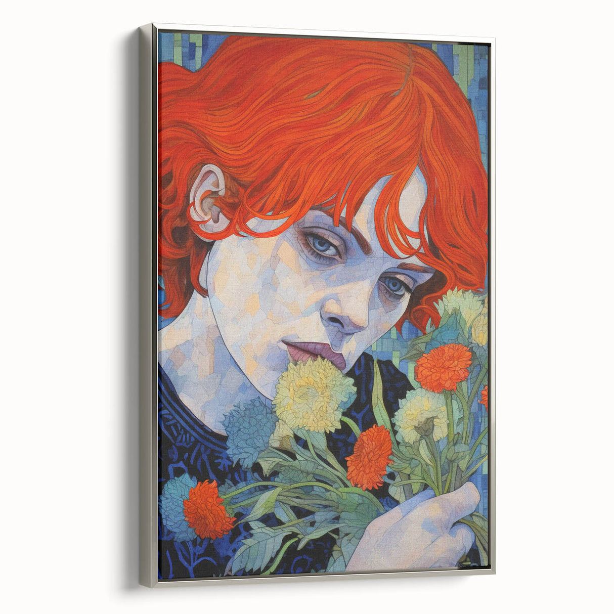Electric Wall Art: Red-Haired Woman with Flowers Vibrant Art Print