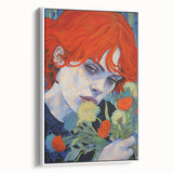 Electric Wall Art: Red-Haired Woman with Flowers Vibrant Art Print