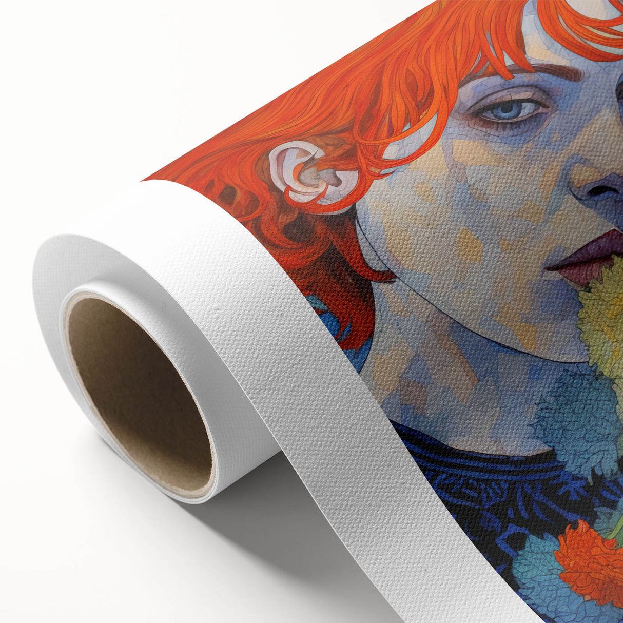 Electric Wall Art: Red-Haired Woman with Flowers Vibrant Art Print