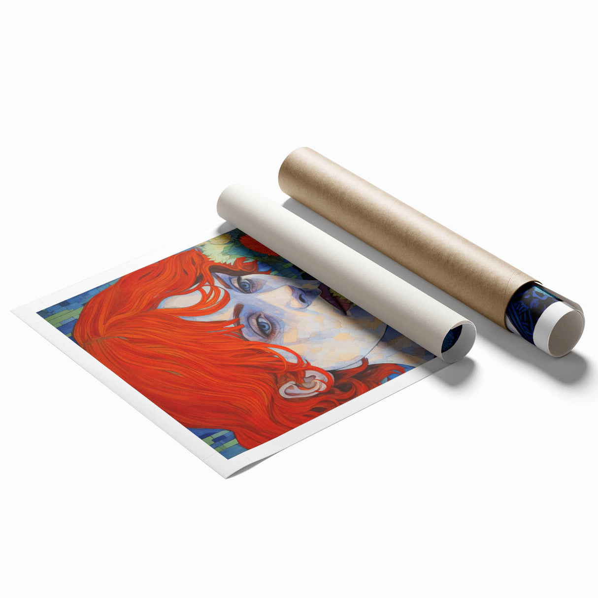 Electric Wall Art: Red-Haired Woman with Flowers Vibrant Art Print