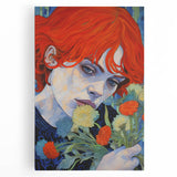 Electric Wall Art: Red-Haired Woman with Flowers Vibrant Art Print