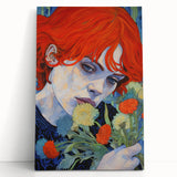 Electric Wall Art: Red-Haired Woman with Flowers Vibrant Art Print