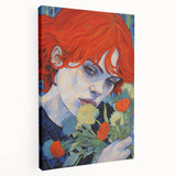 Electric Wall Art: Red-Haired Woman with Flowers Vibrant Art Print