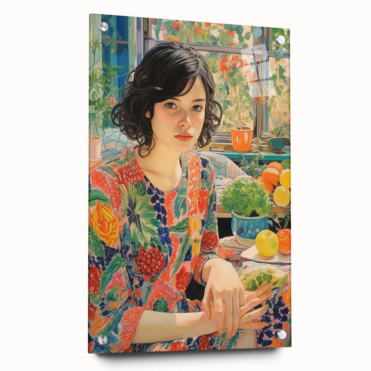 Electric Wall Art – Vibrant Floral Portrait Print of Woman in Garden