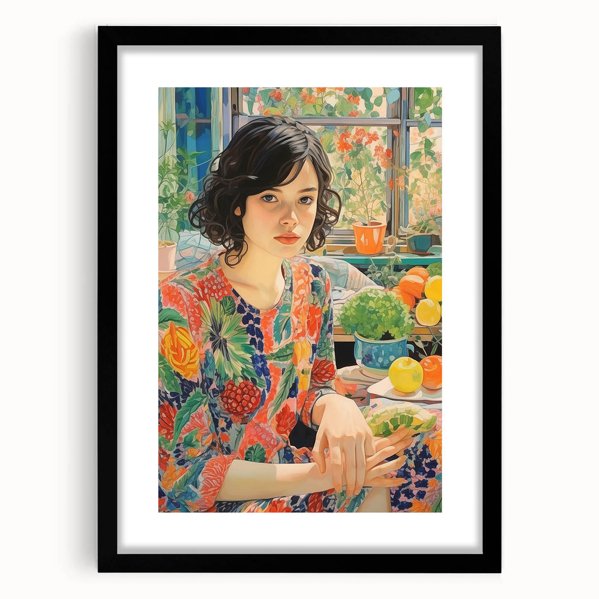 Electric Wall Art – Vibrant Floral Portrait Print of Woman in Garden
