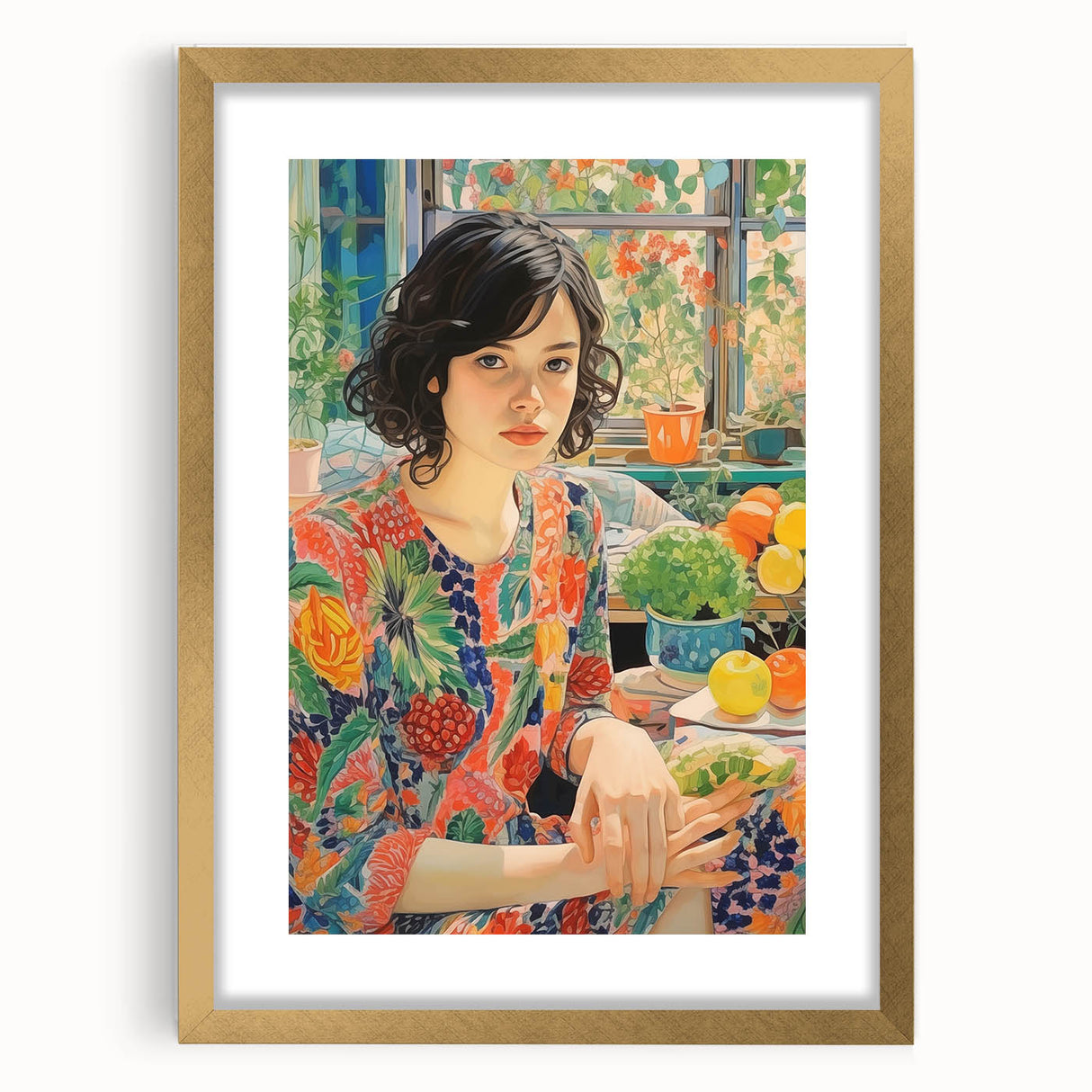 Electric Wall Art – Vibrant Floral Portrait Print of Woman in Garden