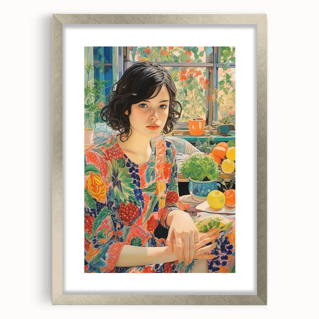 Electric Wall Art – Vibrant Floral Portrait Print of Woman in Garden
