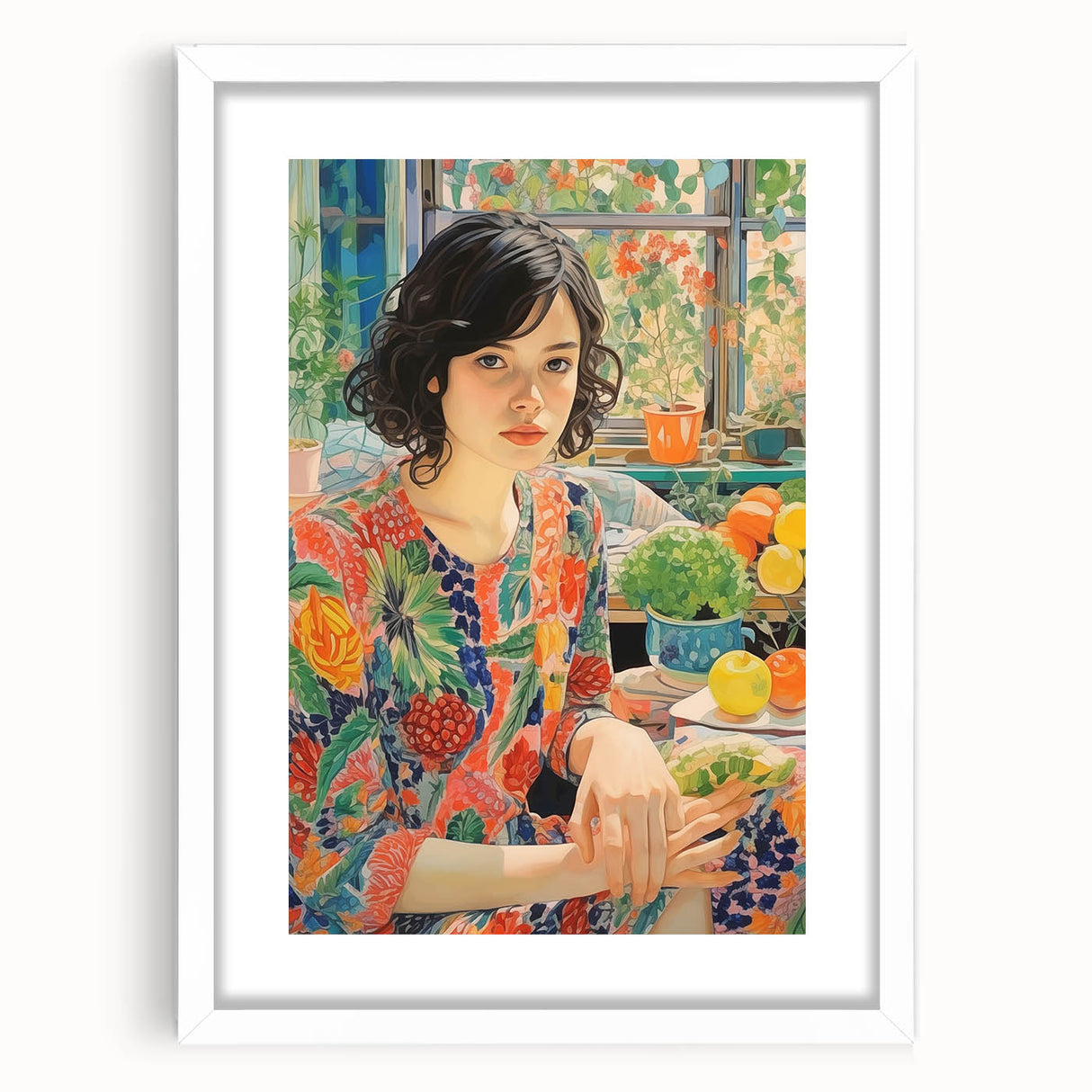 Electric Wall Art – Vibrant Floral Portrait Print of Woman in Garden