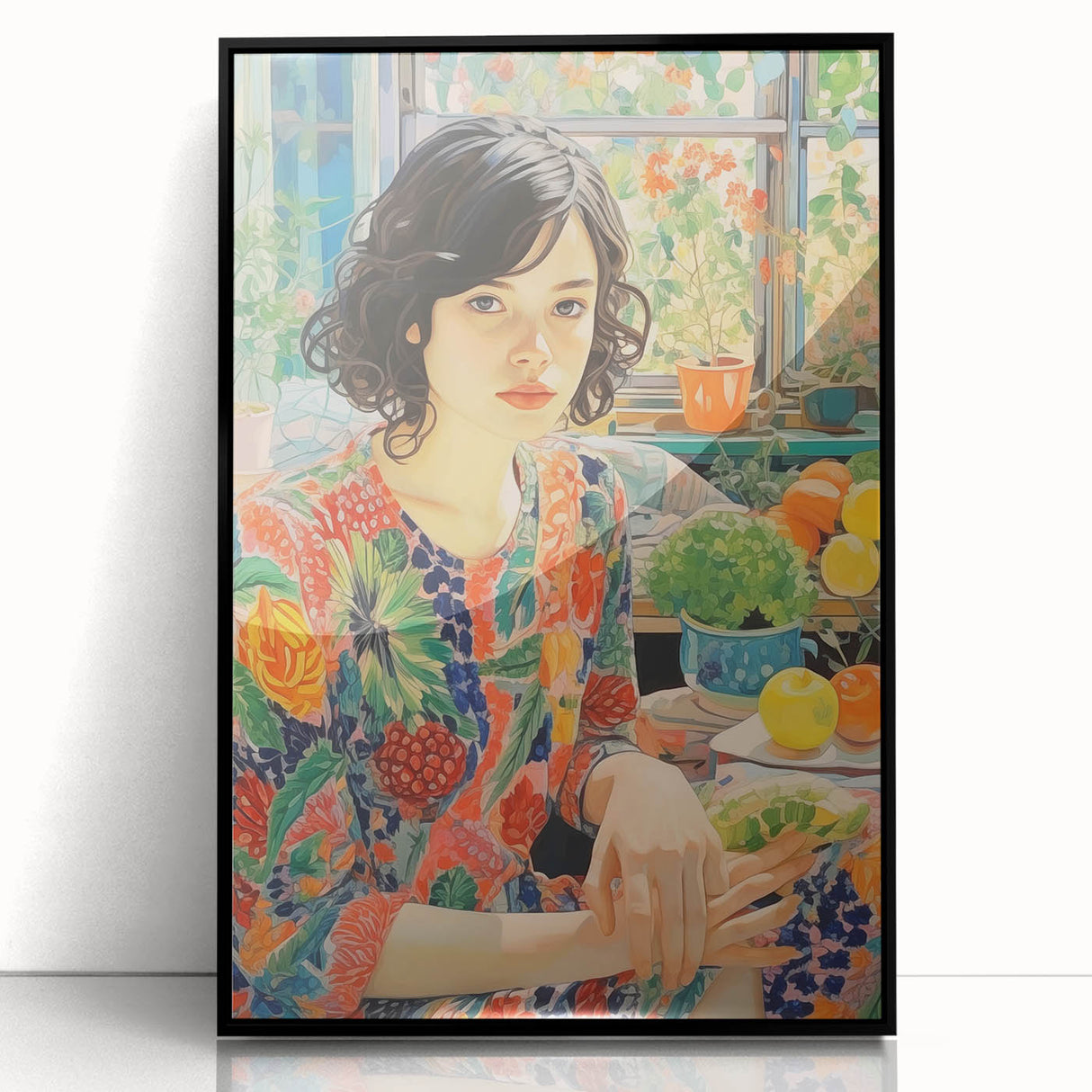 Electric Wall Art – Vibrant Floral Portrait Print of Woman in Garden