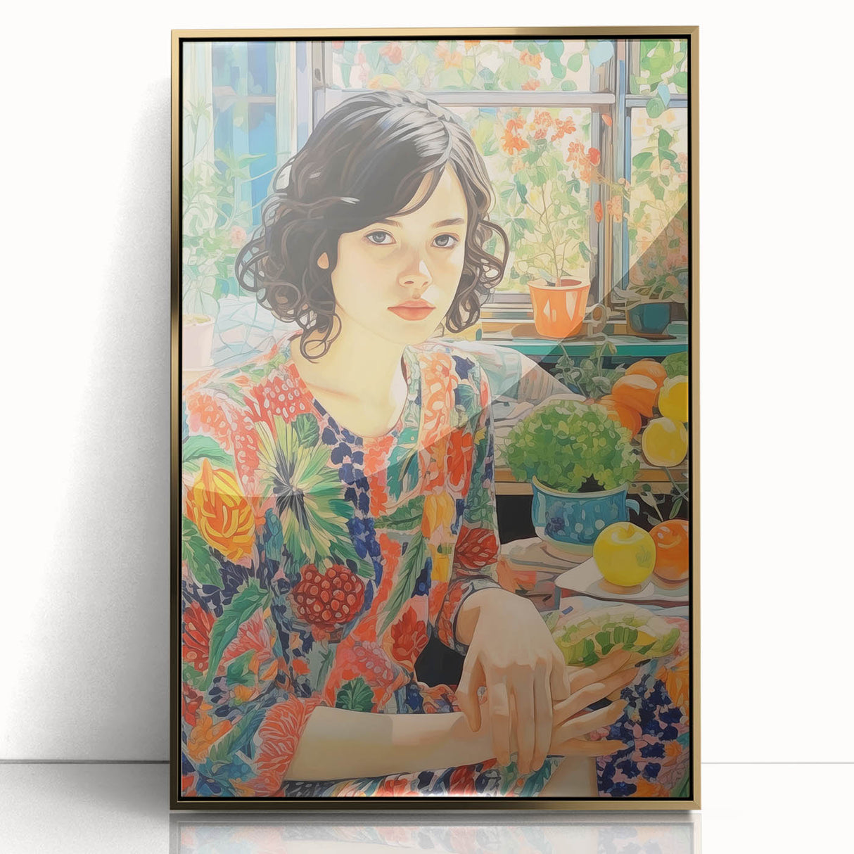 Electric Wall Art – Vibrant Floral Portrait Print of Woman in Garden