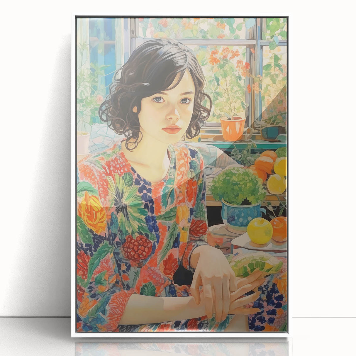 Electric Wall Art – Vibrant Floral Portrait Print of Woman in Garden