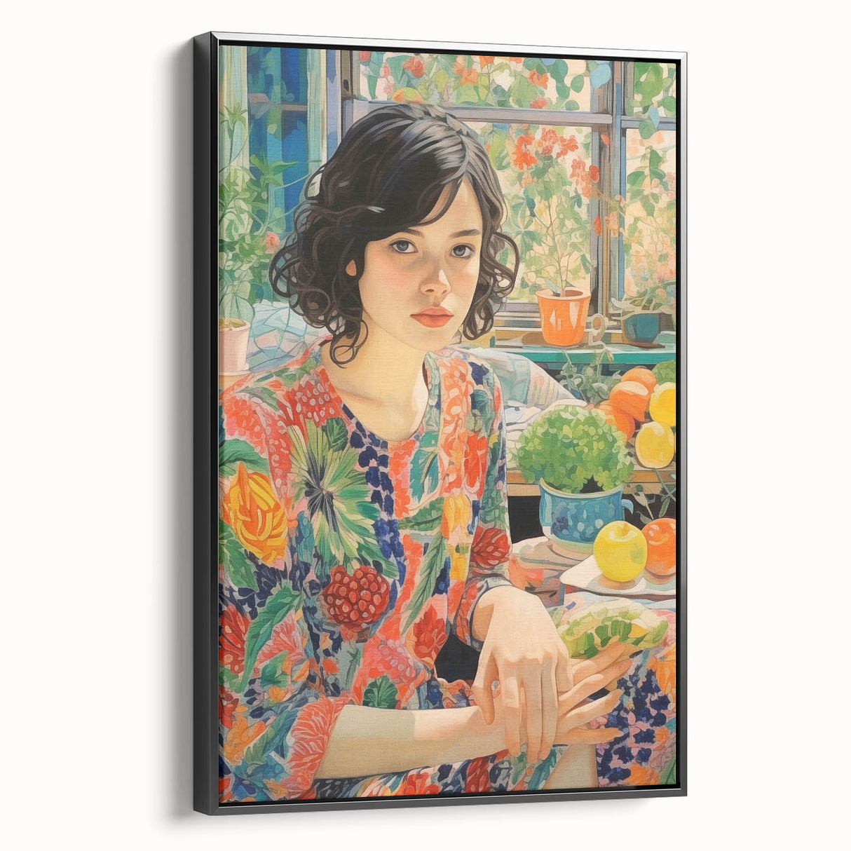 Electric Wall Art – Vibrant Floral Portrait Print of Woman in Garden