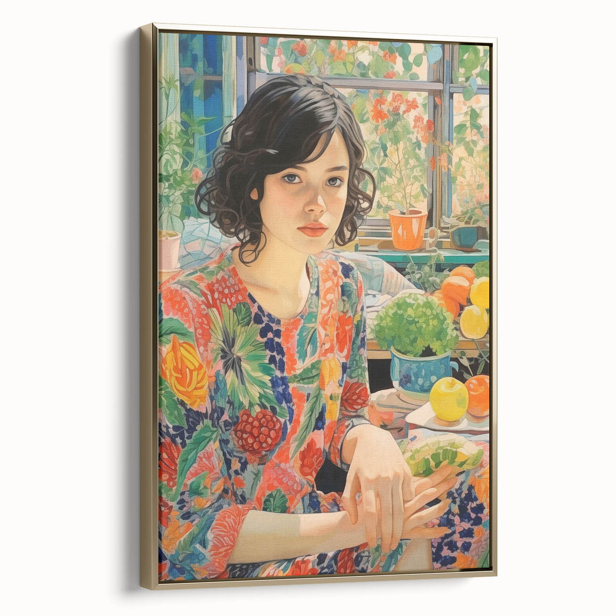 Electric Wall Art – Vibrant Floral Portrait Print of Woman in Garden