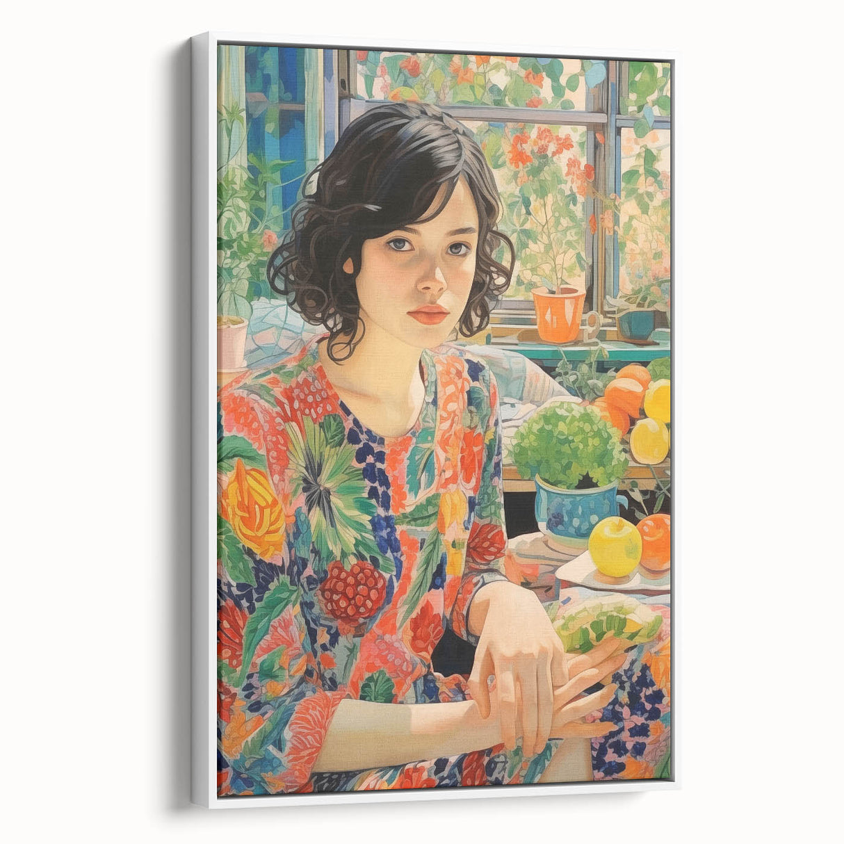 Electric Wall Art – Vibrant Floral Portrait Print of Woman in Garden