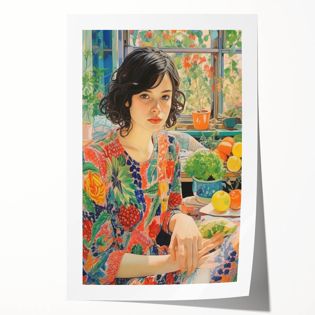 Electric Wall Art – Vibrant Floral Portrait Print of Woman in Garden