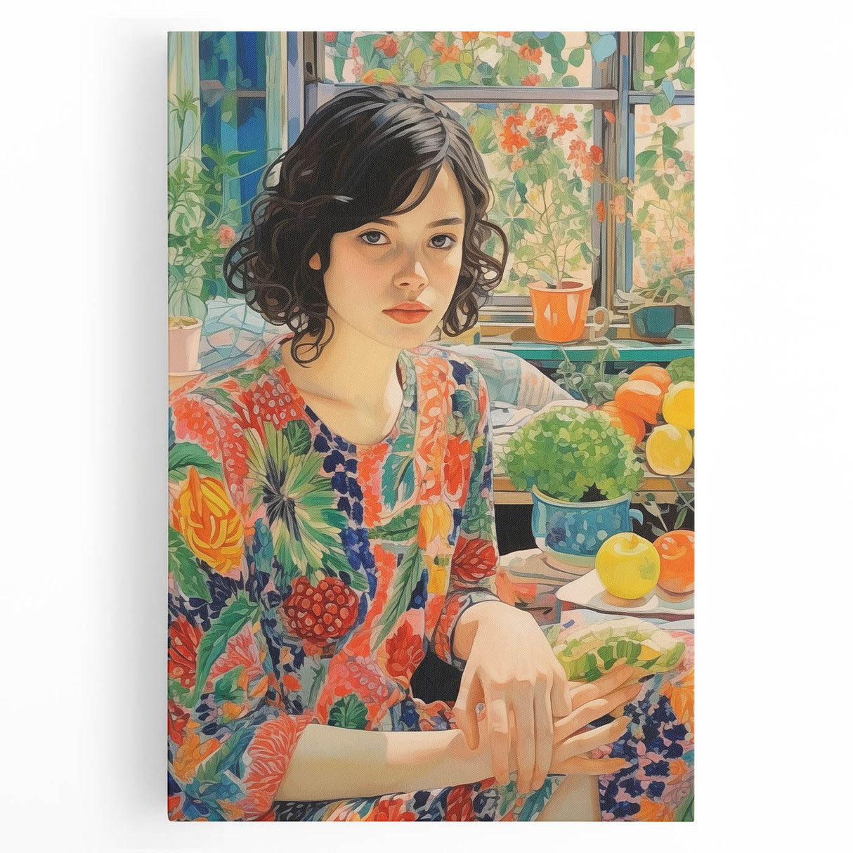 Electric Wall Art – Vibrant Floral Portrait Print of Woman in Garden