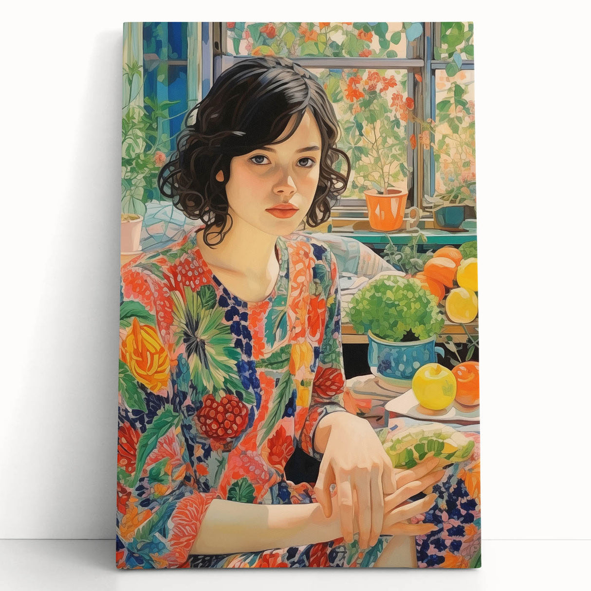 Electric Wall Art – Vibrant Floral Portrait Print of Woman in Garden