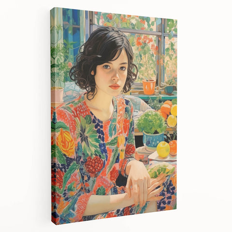 Electric Wall Art – Vibrant Floral Portrait Print of Woman in Garden