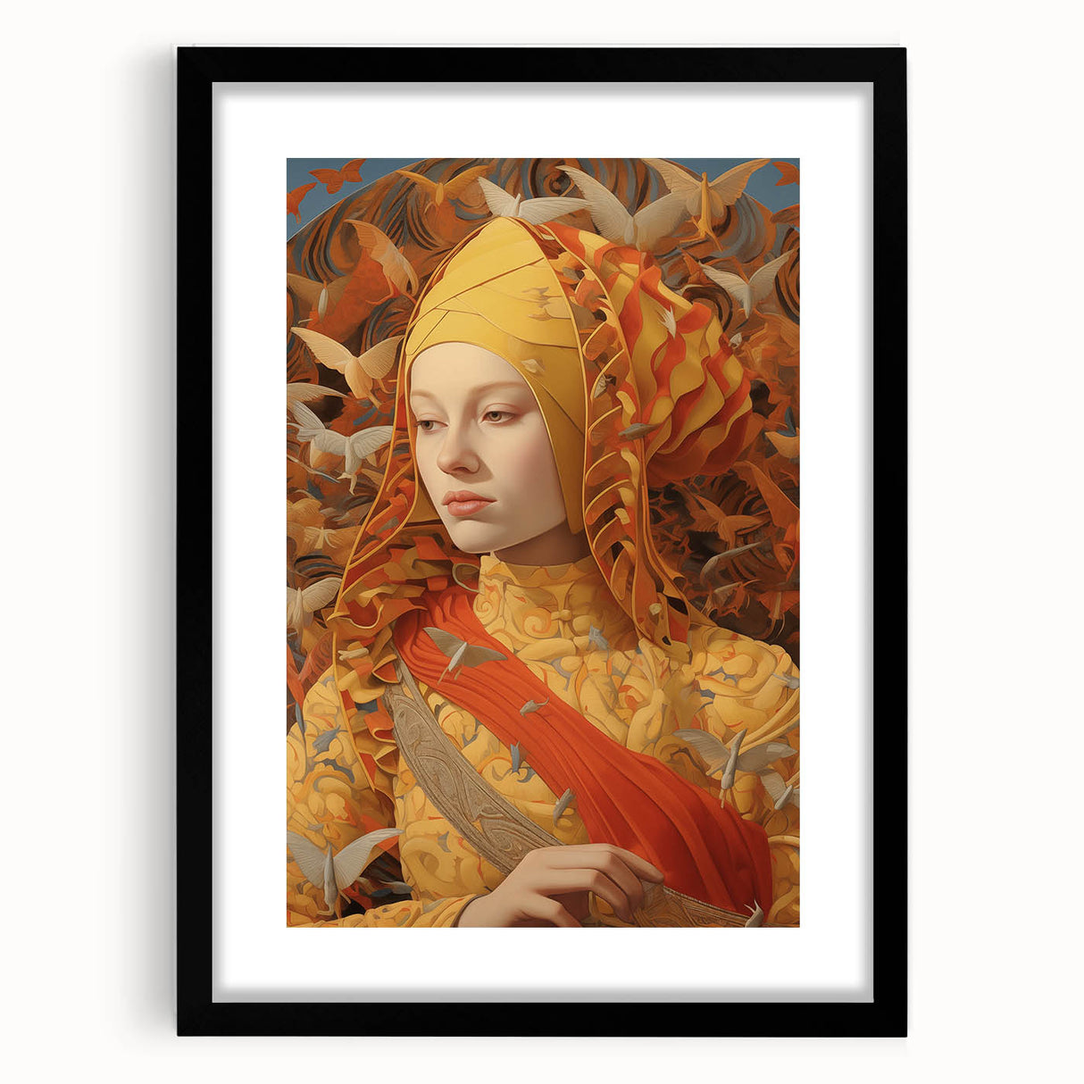 Electric Wall Art – Vibrant Portrait of Woman with Birds Electric Art Print